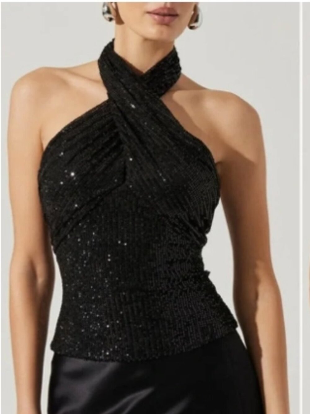 ASTR The Label Black Sequin Crossover Halter Top Sparkle Medium